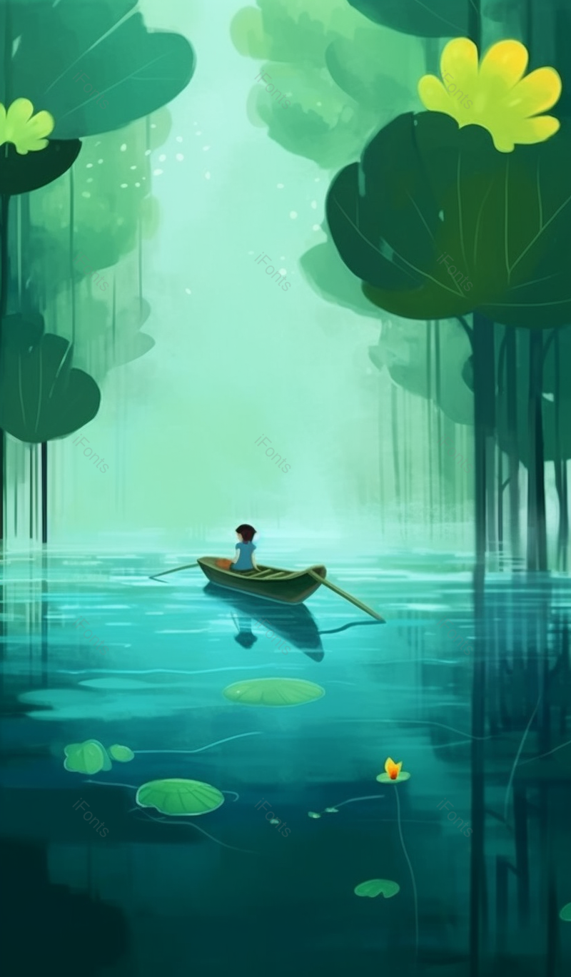 童话卡通梦幻绿色树林树木从中小河小溪一只船一个人慢慢前行缓慢舒适插画,插画/手绘图,插画/手绘图库,插画/手绘图下载,插画/手绘